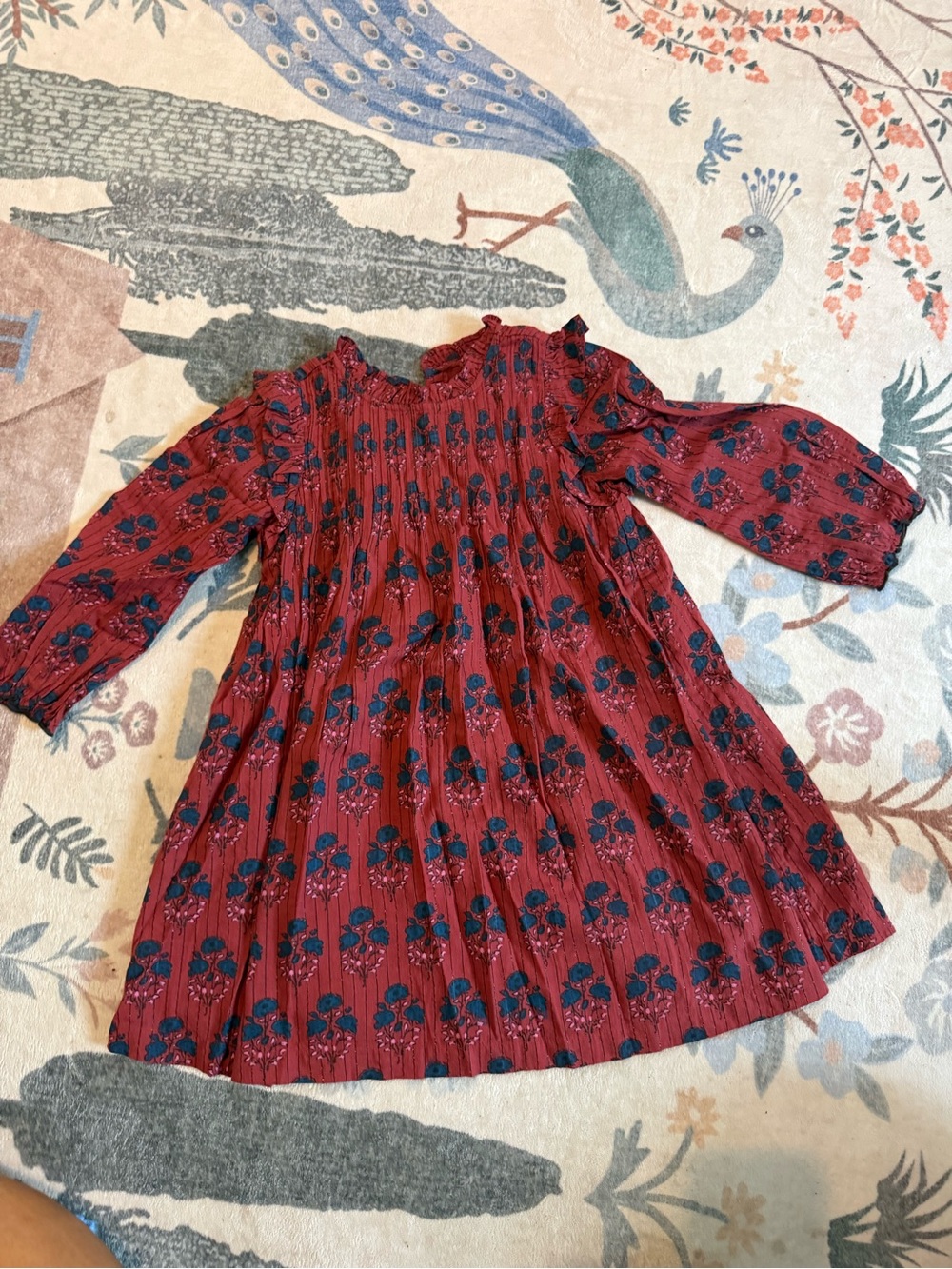 Pink Chicken Red Dress with Blue Floral Print